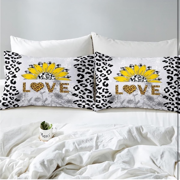 3pcs Sunflower🌻Fitted Sheet Black Grey Leopard Print Bedding 🛏️ Set Queen Sz - Picture 5 of 8